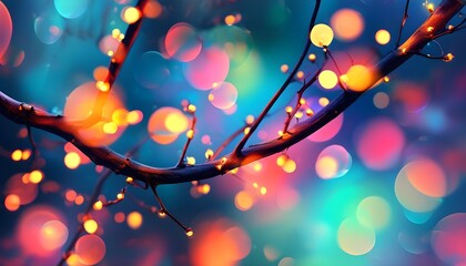 Wall Mural - Illuminated branches intertwined with colorful bokeh lights, evoking a vibrant and dreamy atmosphere of abstract beauty