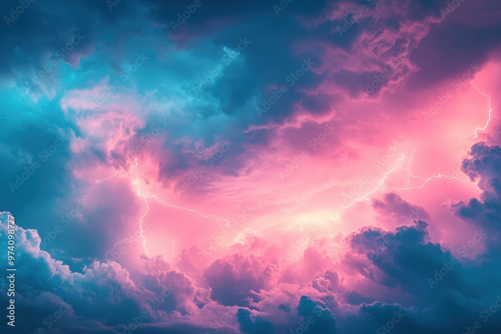 Dramatic lightning storm under a vivid blue and pink sky, highlighting ...