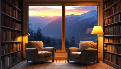 Wall Mural - Inviting library retreat with plush armchairs bathed in warm light and expansive windows framing a breathtaking sunset over majestic mountains