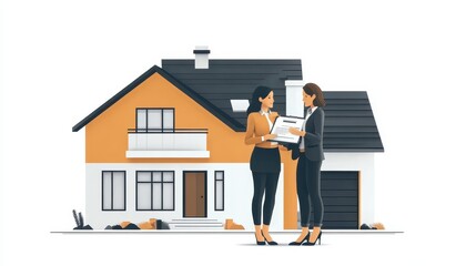 Two women discussing a house sale in front of a modern home, symbolizing real estate transactions and property investment.