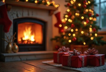 Canvas Print - Aesthetic home Christmas scene with presents at night with bokeh lights of new year tree and fireplace