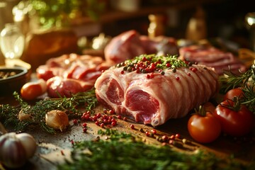 Wall Mural - Fresh cuts of meat displayed beautifully on a wooden board. Herbs and ripe tomatoes surround the meat. Perfect for food lovers. A comforting culinary scene. Generative AI