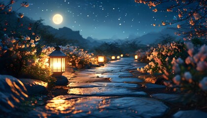 Wall Mural - Serene night ambiance with glowing lanterns lining a stone path amidst flourishing flowers under a star-filled sky