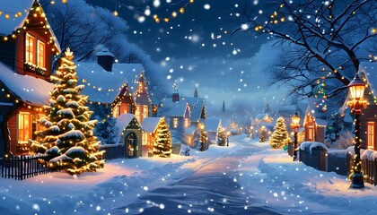 Enchanting winter village illuminated with festive lights, snow-draped streets, and glowing Christmas trees, exuding a magical holiday spirit