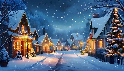 Enchanting winter village illuminated with festive lights, snow-draped streets, and glowing Christmas trees, exuding a magical holiday spirit