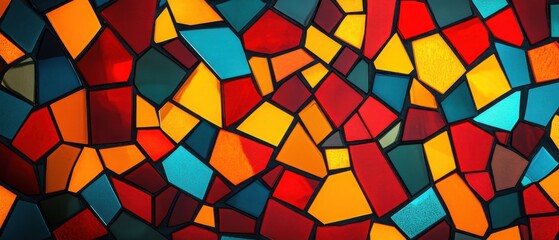 Wall Mural - Background with a modern, abstract mosaic pattern made up of angular tiles in vivid colors like red, yellow, and cyan, with high contrast between shapes. 