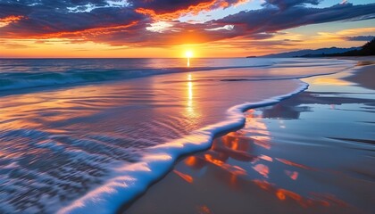 Wall Mural - Vibrant sunset illuminating a tranquil beach with colorful clouds mirroring on gentle waves and pristine sandy shorelines