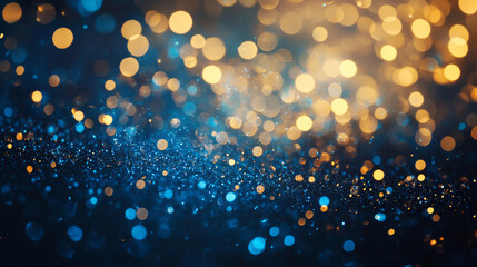 Abstract bokeh glitters background with sparkling blue and golden circles and a blur effect.