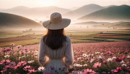Image of a young woman in a field with autumn flowers blooming