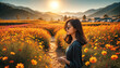© 미정 최 - Image of a young woman in a field with autumn flowers blooming