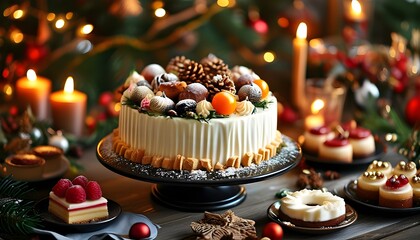 Sticker - Joyful celebration with an elegant cake, assorted sweet treats, glowing candles, and vibrant holiday decorations capturing a warm festive spirit