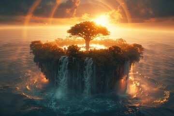 Sticker - Sunset over an Island with Waterfalls