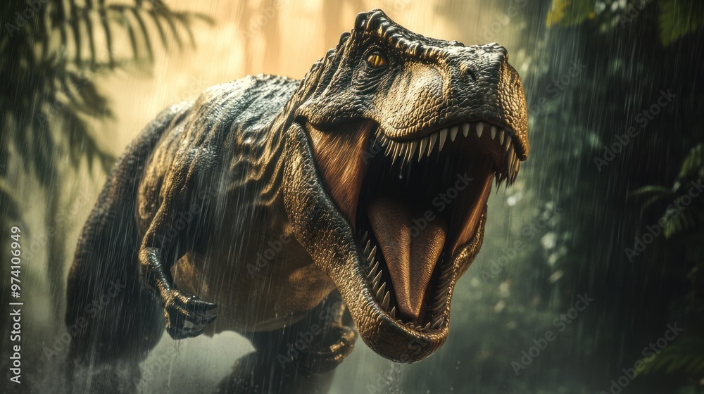 Tyrannosaurus Rex in the center, with its mouth wide open in the a ...