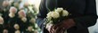 © xartproduction - Close up of a bereavement coordinator providing support with a bouquet of white roses in a serene and supportive environment