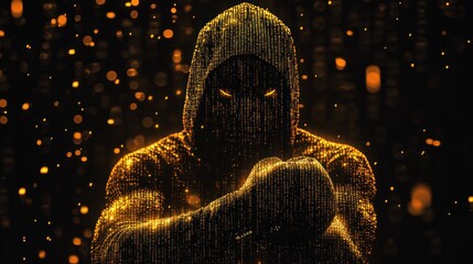 hooded boxing robe and gloves, meticulously crafted from pulsating neon yellow gold binary code