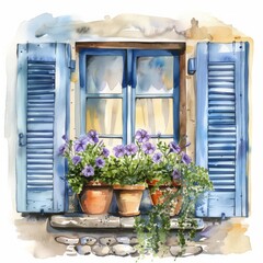 Blue vintage window of house somewhere in European town. Watercolor sketch drawing