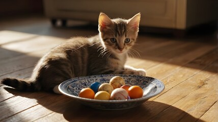 Wall Mural - : Kitten sitting on a smooth wooden floor, staring at a dish of food with toys placed around, sunlight streaming in --ar 3:2 --v 4