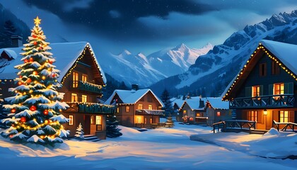 Wall Mural - Enchanting winter village illuminated by festive lights and decorated Christmas trees, nestled among snow-covered houses under a serene mountain night sky