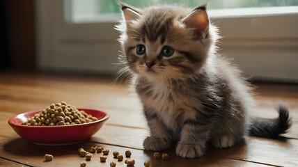 Wall Mural - A fluffy kitten gazes longingly at a dish of cat food, toys scattered playfully around on a shiny wooden surface --ar 3:2 --v 4