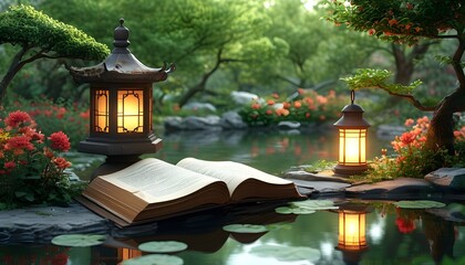 Wall Mural - Serene garden oasis with an open book, glowing lanterns, and a peaceful pond embraced by lush greenery and colorful blossoms