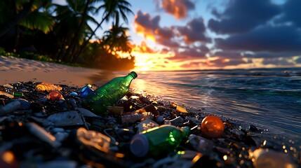 Wall Mural - Plastic debris covers a tropical beach at sunset, a poignant reminder of pollution's lasting impact.