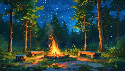 Wall Mural - Serene nighttime forest with a glowing campfire, rustic wooden benches, and vibrant greenery beneath a starry sky