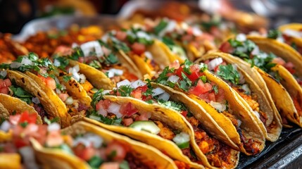 Mexican street tacos with colorful toppings, corn tortillas, and vibrant spices, captured in a lively market setting on the new table