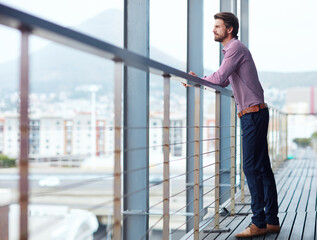 Aufkleber - Thinking, balcony and businessman with ideas, entrepreneur and planning for project, startup and ambitious. Professional, confident and contemplating for opportunity of agency, wondering and person