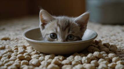 A close-up of a kitten’s face with whiskers visible, reaching towards a small bowl of pet food --ar 3:2 --v 4