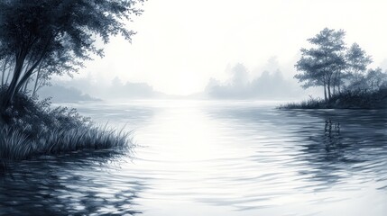 Wall Mural - Serene monochrome landscape with a tranquil river and trees.