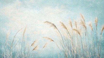 Wall Mural - abstract painting of tall grass against a blue and white sky.