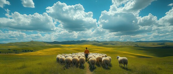 a shepherd guides a flock of sheep across a vibrant green pasture under a stunning blue sky with dra