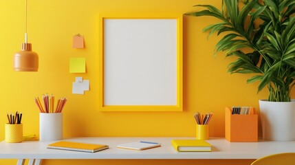 Creative desk in kids room with yellow frame mock up plant and notebooks note on the wall