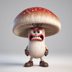 3D render mascot character of angry mushroom, mad face, rage, red mushroom, isolated in light grey background