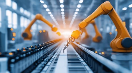 Poster - Automated Efficiency: A close-up view of robotic arms operating in a high-tech industrial setting, showcasing automation and advanced manufacturing processes. 