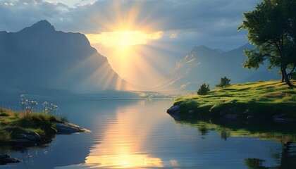 Wall Mural - Divine Landscape Bathed in Godly Light Illuminating Hope and Calmness