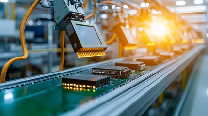 Poster - A modern factory production line assembling household electronics, with a focus on high-tech efficiency