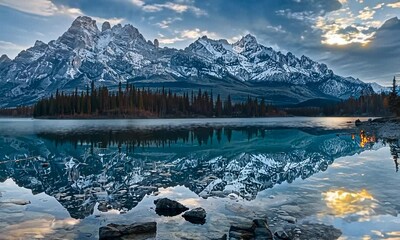 Wall Mural - Rocky mountain range reflected in a tranquil lake, Video