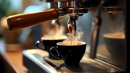 Coffee machine in action, brewing espresso into two cups with steam rising, capturing the essence of a busy cafe. Ideal for coffee enthusiasts and barista-themed projects.