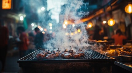 street food with the bustling night market scene alive with lights, colors, and the aroma of grilled food