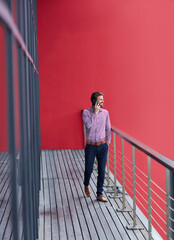 Aufkleber - Business, man and walk with phone call by window for communication, legal feedback and negotiation online. Happy, male lawyer and mobile for discussion advice, consulting contact and proposal outdoor