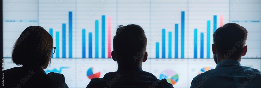 Team analyzing financial data charts and graphs displayed on a large ...