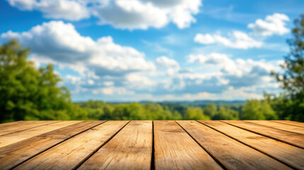 Poster - Empty wooden table overlooking lush green forest and blue sky