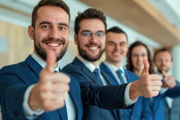 Business team of professionals in formal suits smiling and giving thumbs up as a sign of success, approval, and teamwork in a modern office setting.