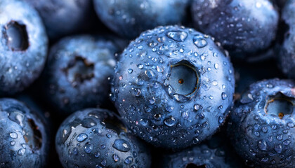 Top view macro shot of fresh blueberry with water drops