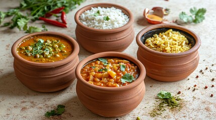 Closeup of four bowls of Indian food two curries, white rice, and yellow rice.