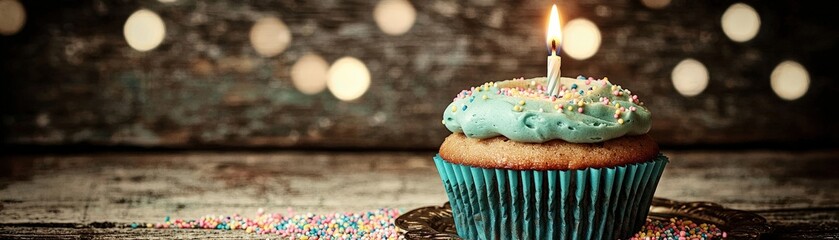 Joyful birthday cupcake showcasing a lit candle, surrounded by a sea of colorful sprinkles and presented on a decorative tray with a background of celebratory decorations and soft, glowing lights.