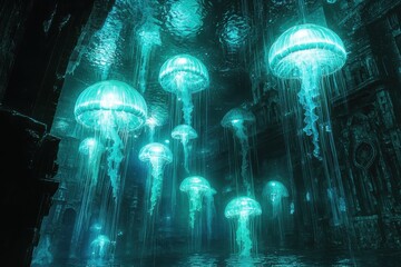 Wall Mural - Bioluminescent jellyfish glowing in deep underwater cave