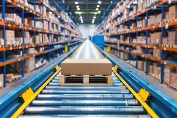 A cardboard box on a moving conveyor belt in a large warehouse, surrounded by storage shelves with stacked boxes, illustrating the logistics and distribution process.