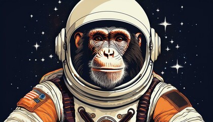 Wall Mural - retro poster with space monkey chimpanzee in a spacesuit in outer space, art design